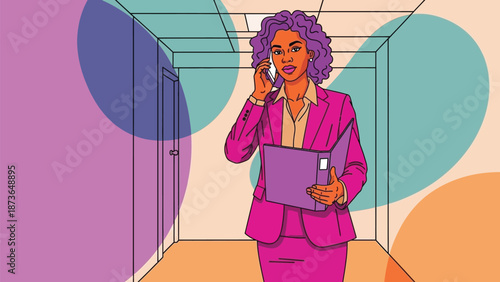 Dynamic illustration of a confident businesswoman navigating a vibrant office corridor while