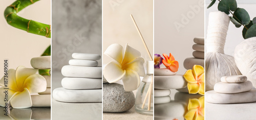 Photography Spa collage with stones and plumeria flowers on light background