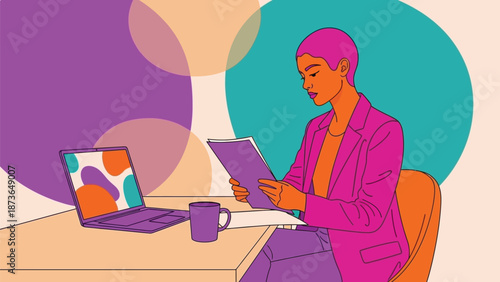 Vibrant illustration of a focused professional diligently analyzing critical reports in a modern,