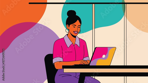 Vibrant illustration of a smiling woman actively engaged in remote work on her laptop in a