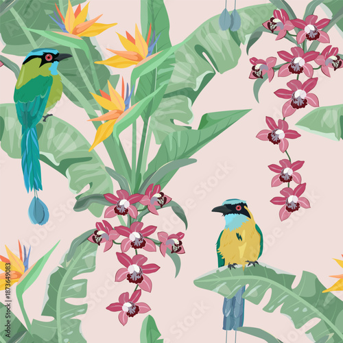 Beautiful tropical leaves, flowers, and birds in a seamless vector illustration. Perfect for decorating textiles, packaging, or wallpaper.
