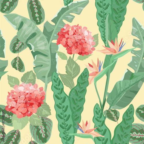 A seamless pattern featuring exotic flowers and tropical leaves against a beige background, hand-drawn in vector illustration style. This design can be used for textile decoration, packaging, 
