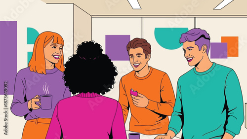 Joyful diverse colleagues sharing lively conversation and coffee in a modern office break area