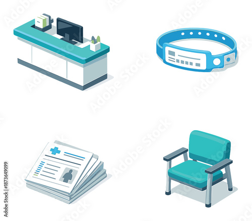 Healthcare icons: hospital desk, patient wristband, medical files, waiting room chair