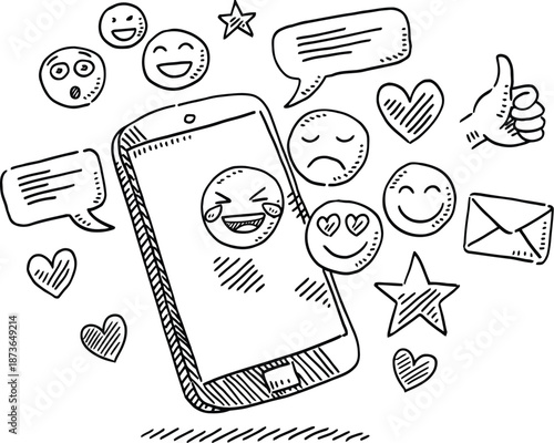 Hand-drawn doodle illustration of a smartphone surrounded by floating emojis, speech bubbles, and social media icons, symbolizing digital communication.