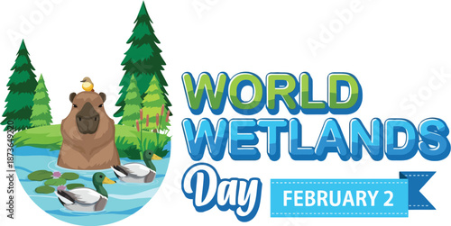 World Wetlands Day Illustration with Capybara and Ducks in a Forest Pond