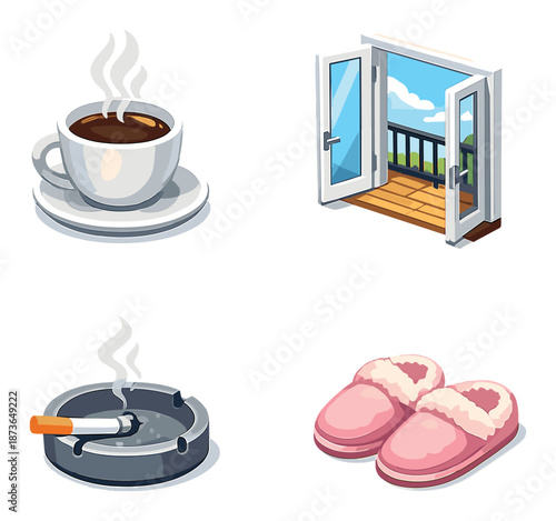 Cozy morning setup: coffee, smoky ashtray, open balcony, comfy slippers