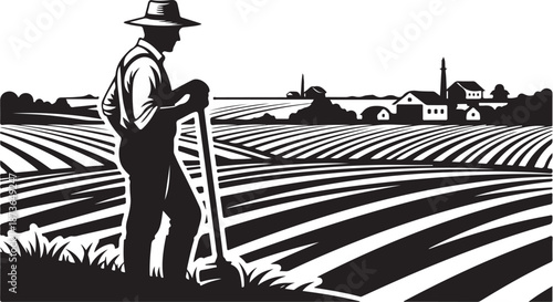 Farmer standing in a field with a shovel tool