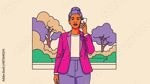 Vibrant illustration of a modern professional woman actively connecting on her smartphone outdoors