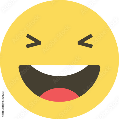 Flat vector icon of a laughing yellow emoji face with squinted eyes and wide open mouth, representing hilarious laughter and great humor.