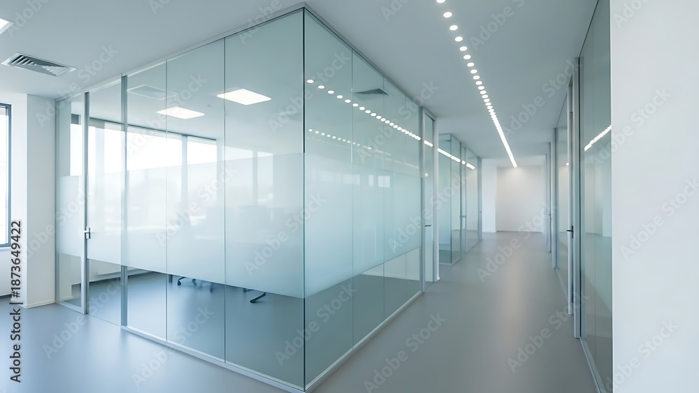 Fototapeta premium Modern office hallway with glass partitions and white walls