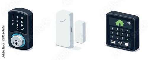 Smart home security devices featuring keypad lock and door sensor