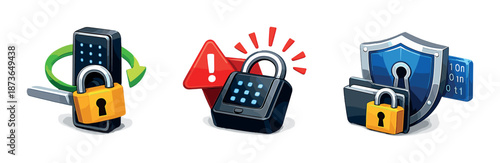 Secure digital icons: data lock, alert, and shield symbols on gradient background