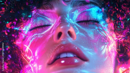 Woman, neon, face, paint, party, close-up, surreal, glowing, night, digital art