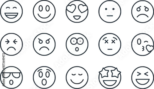 Collection of 15 simple line art emoji icons with various facial expressions for web design, apps, and social media communication.