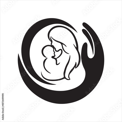 Black and white graphic icon symbolizing maternal love and protection with a mother holding a baby inside cupped hands