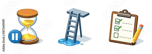 Hourglass timer, ladder, and checklist icon set on gradient background