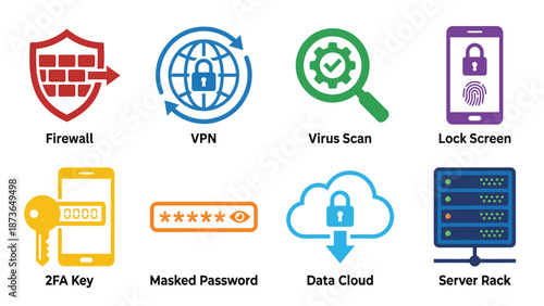 Digital Security Icons Set with Firewall, VPN, Data Cloud, Server Rack, 2FA Key, Masked Password, Virus Scan, Lock Screen