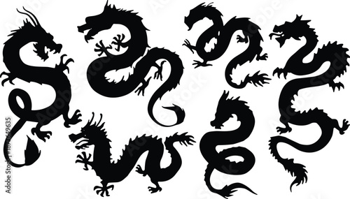 Dragon silhouette set collection, Chinese oriental myth creature poses, fantasy black vector illustration isolated on white background design