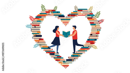Young man and woman reading a book together inside a heart frame made from stacks of colorful books on a white background.