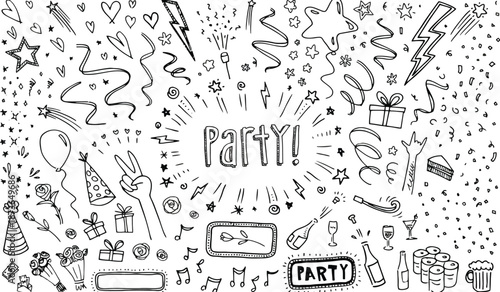Hand-drawn black and white party doodles with balloons, gifts, cake, and celebration elements