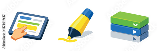 Digital learning tools: tablet interaction, highlighting marker, stacked books