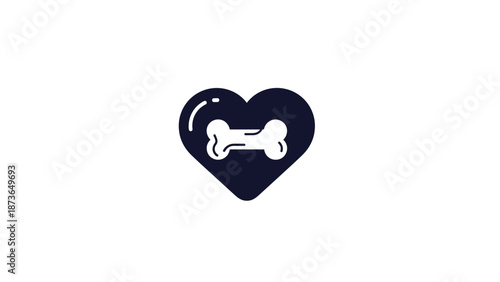 Minimalist black and white icon showing a dog bone symbol placed inside a heart shape representing love for pets.