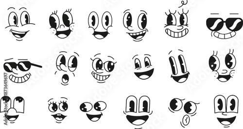 Retro 1930s Style Cartoon Face Elements Set with Vintage Eyes and Mouths for Classic Animation Mascot Character Design Creator Kit
