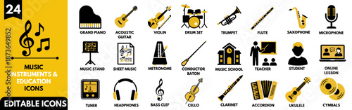 Set of 24 Music Instruments and Education Icons. Vector Symbols for Orchestra, Band, Musical Notes, and Audio Performance.