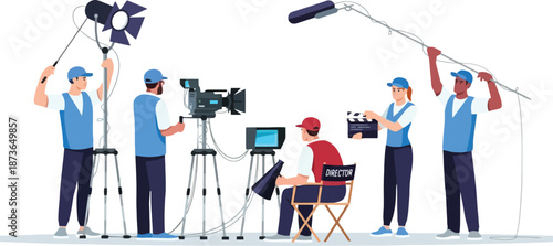 Illustration of a professional film crew on set with cameras, lighting, and sound equipment
