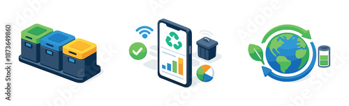Eco-friendly technology icons: recycling bins, digital monitoring, and sustainable energy