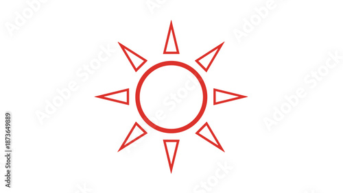 Simple red outline of a sun with sharp triangular rays radiating outwards representing heat, weather, and summer days.
