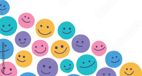 Colorful smiley face icons arranged in a corner pattern on white background