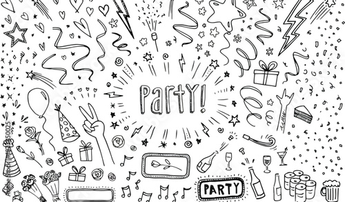Hand Drawn Festive Party Doodle Composition with Balloons Champagne Cake and Gifts for Celebration Invitations and Birthday Event Backgrounds
