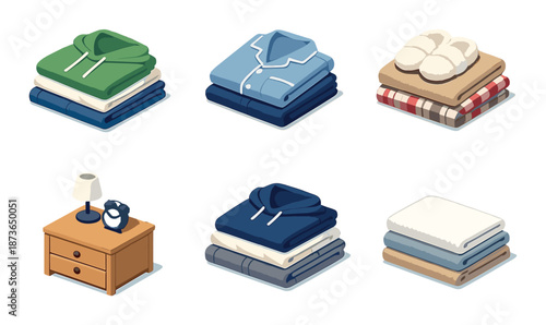 Isometric icons of folded clothing, nightstand, lamp, and slippers on gradient background