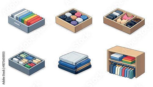 Organized storage: folded clothes, shoes, towels in boxes and shelves