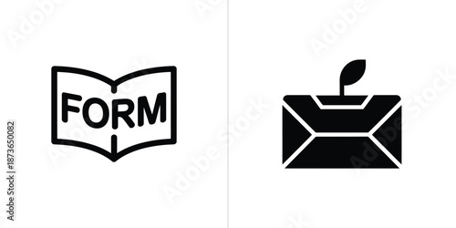 Form, Envelope, Paperwork Icons on White. Form in Book, Green Sprout in Envelope