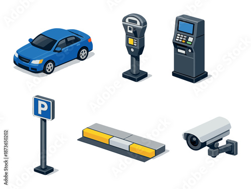 Isometric parking elements: car, meter, barrier, camera, and sign