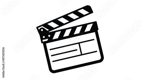 Bold black and white icon of a professional movie clapperboard used in film production and the global cinema industries.