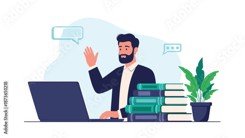 Businessman waving at his laptop screen during an online meeting with a stack of books and a plant on the desk.