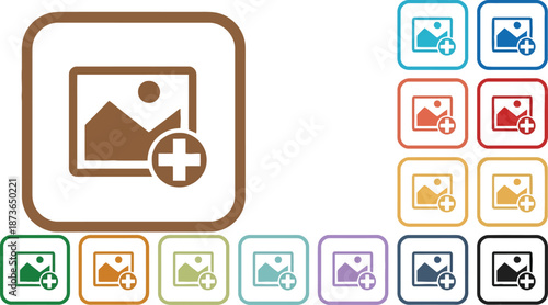 Multi-colored icons for adding images or new photos in a grid layout