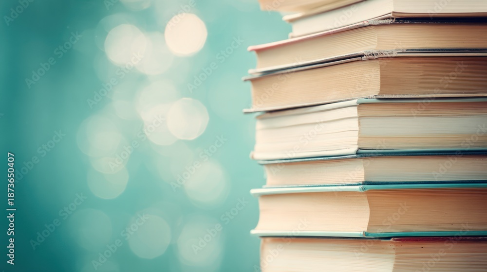 Obraz premium Stack of books against a blurred teal background with soft, bokeh highlights