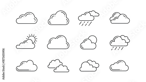 Large set of various minimalist cloud icons representing different weather conditions like rain, sun, and cloudy skies.