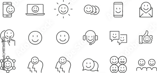 Modern Linear Icon Set for Digital Friendship and Online Social Interaction Featuring Smiley Faces on Screens Mobile Devices and Messaging Platforms