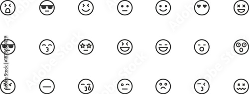 Vector Emoji Line Icons Set with Emotional Labels for Shouting Cool Happy Sad Loved and More