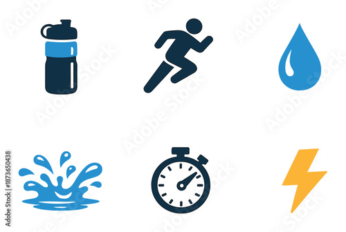 Glowing icons: hydration, running, water, energy, stopwatch, lightning