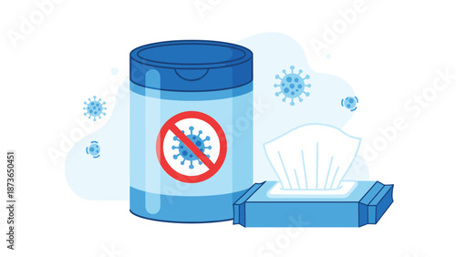 Illustration of a container and pack of disinfectant wipes with a no virus symbol against a light blue background.