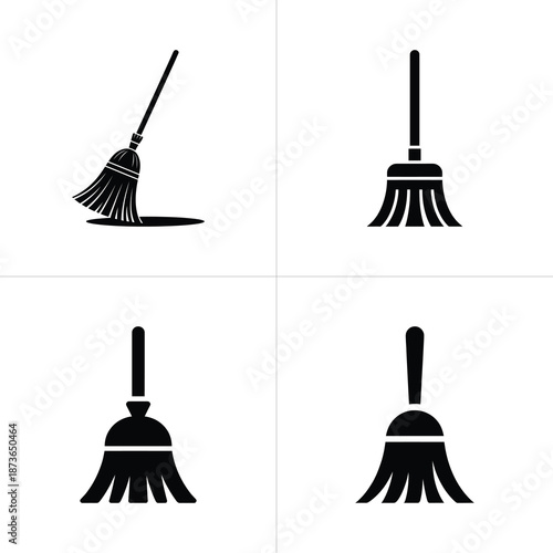 Four Broom Icons on Transparent Background, Cleaning Equipment Symbols, Black Silhouettes