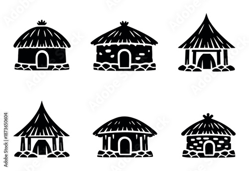 Rustic african huts: traditional thatched roof designs in black and white