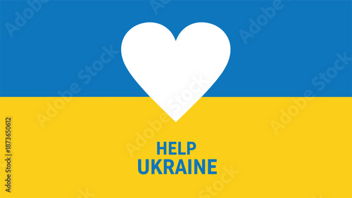 Large white heart symbol in the center of the blue and yellow national flag of Ukraine with the text help Ukraine.
